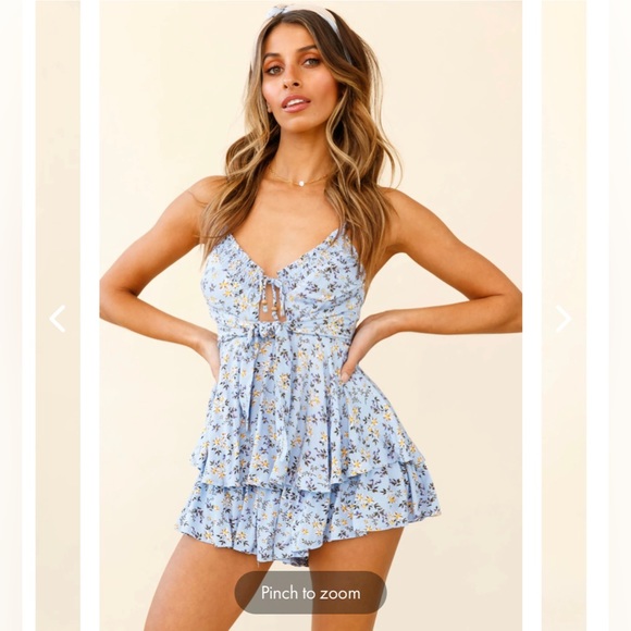 Selfie Leslie SWEET REVENGE SHIRRED NECKLINE BUST TIE ROMPER FLORAL STEEL BLUE - Picture 1 of 5
